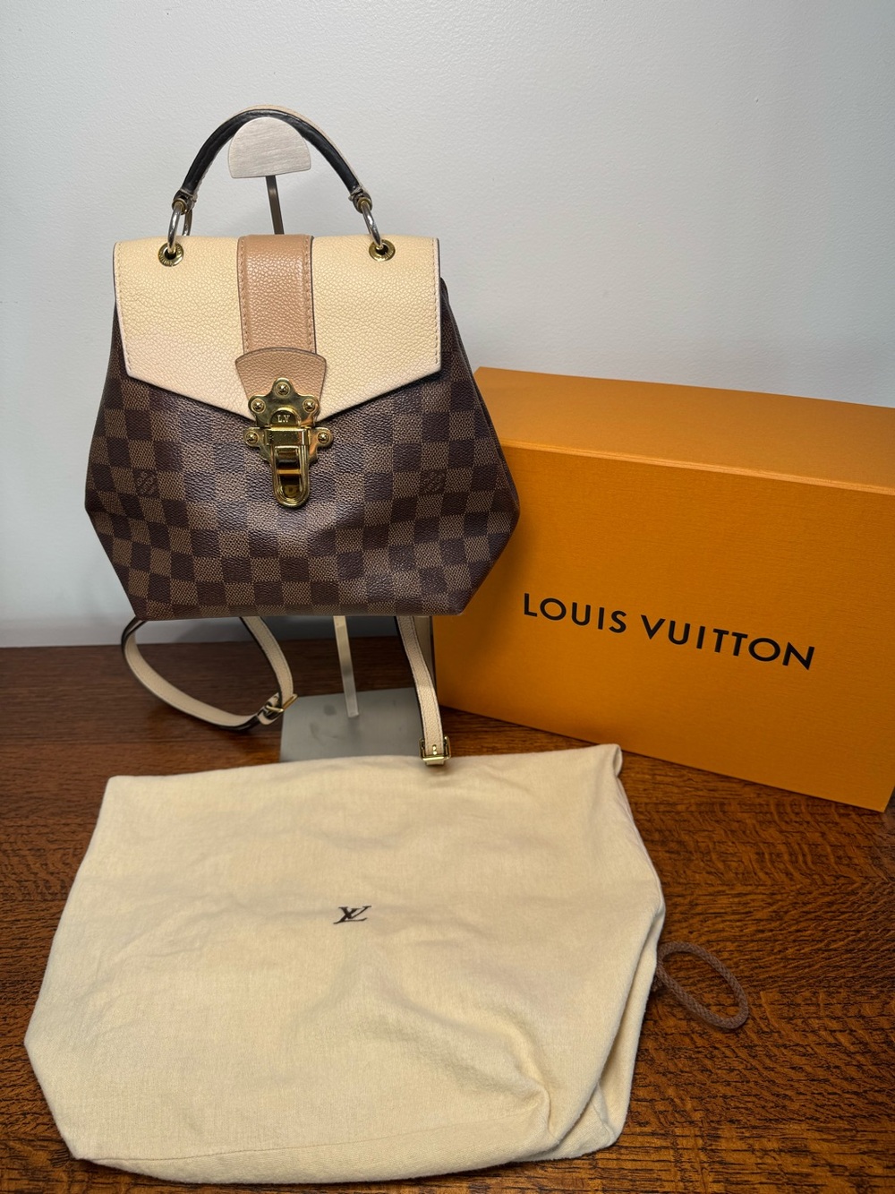 Louis Vuitton Clapton Backpack Damier Ebene & Crème Leather w/COA and Dust Bag